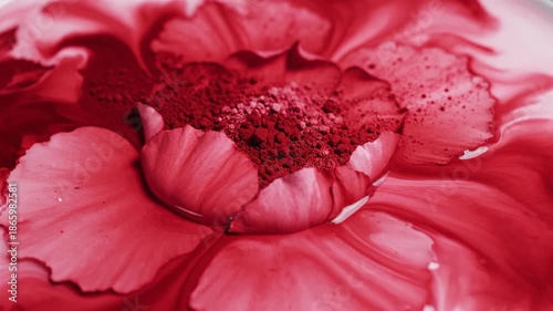 Scarlet pigment forming intricate floral patterns on a ceramic surface