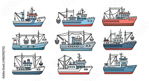 Colorful illustration depicting various types of fishing boats and marine vessels