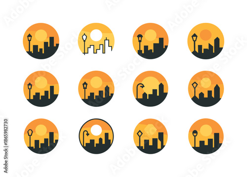 Sunset Cityscape Icons. Cityscape at Sunset. Icon set. Set Logo of Cityscape at Sunset: streetlights and skyline. harmonious logo variations of the same