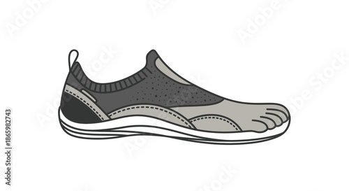 Single grey water shoe with individual toe pockets slip-on aqua sock.