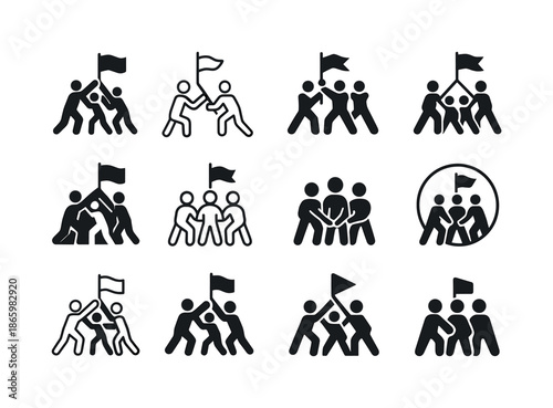 Diverse Group Logos. Group activities. Icon set. Set Logo of Group activities: shared goal. harmonious logo variations of the same emblematic concept, each