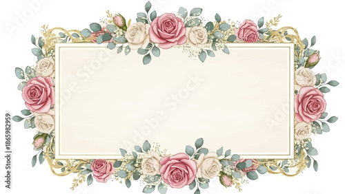 Elegant Floral Rectangle Frame with Blush Pink and White Roses - Perfect for Invitations, Cards, and Decorative Designs