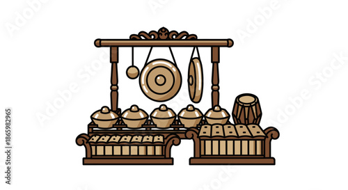 Gamelan Ensemble: Traditional Indonesian Musical Instrument with Gongs Metallophones and Drums.