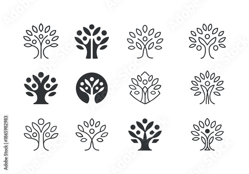 Cultural Diversity Logos. Cultural diversity. Icon set. Set Logo of cultural diversity: diversity tree. harmonious logo variations of the same emblematic