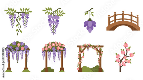 Elegant garden elements with blossoms and archways for seasonal design projects