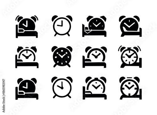Alarm Clock Emblem. Alarm Clock Set for the Morning Next to the Bed. Icon set. Set Logo of Alarm Clock Next to Bed: classic round clock with ringing lines.