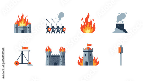 Medieval warfare elements with castles, fire, and siege weapons in flat design