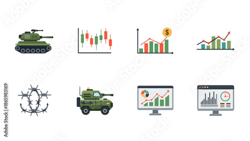 Military and financial data icons: trends, analysis, and defense elements