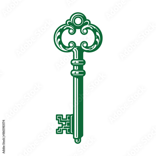 green antique skeleton key with ornate handle and teeth  old fashioned door key