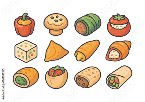 Colorful Stuffed Foods. Stuffed foods. Colorful isometric vector icons set of stuffed foods: stuffed bell pepper, cheese-stuffed mushroom, meat-stuffed