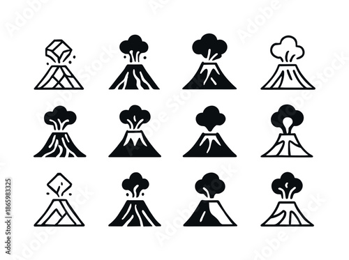 Volcanic Eruption Icons. Volcanic eruption. Icon set. Set Logo of Volcanic eruption: lava flow. harmonious logo variations of the same emblematic concept, each