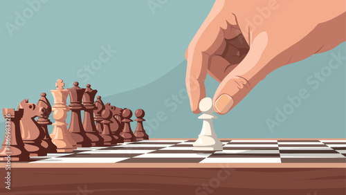 Strategic move: hand placing chess pawn in tactical board game match