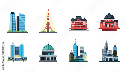 Iconic urban architecture set: modern and historic buildings collection
