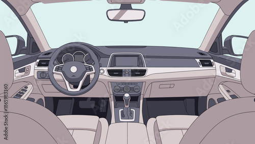 Modern car interior design with dashboard and steering wheel in flat style
