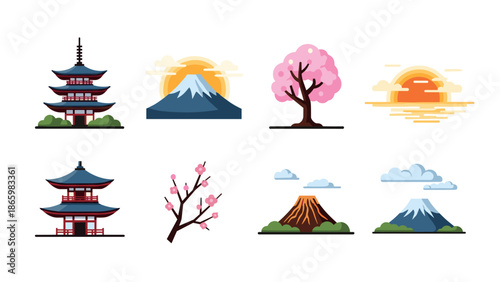 Japanese cultural icons collection featuring pagoda, mount fuji, and cherry blossoms