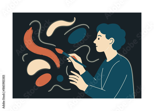 Abstract Artistic Vibration. Artistic expression. A creator releasing bold strokes into the air; floating shapes vibrating with emotion. Soft glow lines