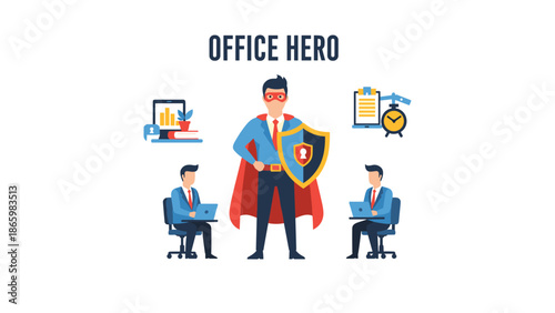Office hero in a cape and mask, holding a shield, surrounded by employees and icons for productivity, safety, and efficiency.