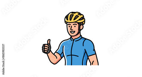Happy Male Cyclist Illustration in Blue Jersey and Yellow Helmet Giving Thumbs Up.