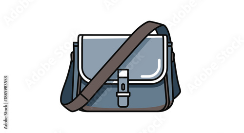 Stylish blue-grey messenger bag with a brown shoulder strap and buckle vector illustration.