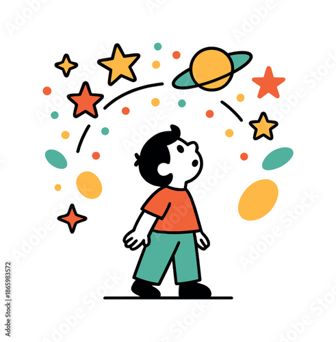 Celestial Wonder. State of Wonder. A small figure gazes upward at floating star shapes, planetary rings, and glowing dots forming a whimsical celestial arc.
