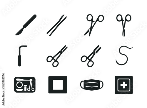 Surgical Instruments Icons. Surgical Instruments. Solid icon set of Surgical Instruments: scalpel, forceps, surgical scissors, clamp, retractor, hemostat,