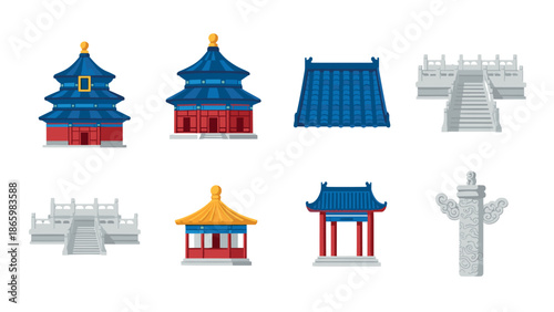 Traditional chinese architecture icons featuring temples and pagodas