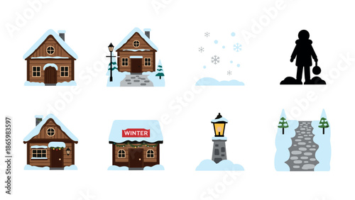 Charming winter village icons with snowy cabins and lanterns