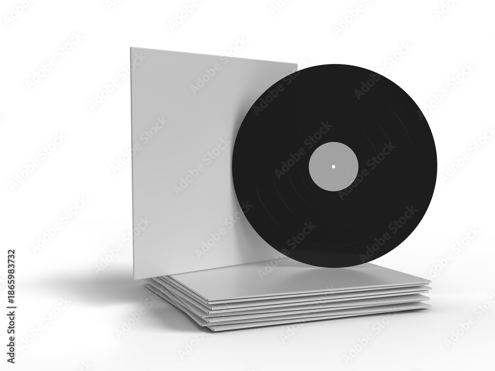 Fototapeta premium Old Vinyl CD Record Cover Package Envelope Template Mockup and stacked sleeves, clean monochrome composition for music branding, album design, record packaging, retro audio concept and copy space.
