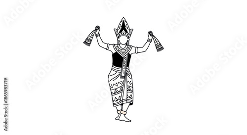 Elegant line art illustration of a traditional Southeast Asian dancer in an ornate costume and headdress.