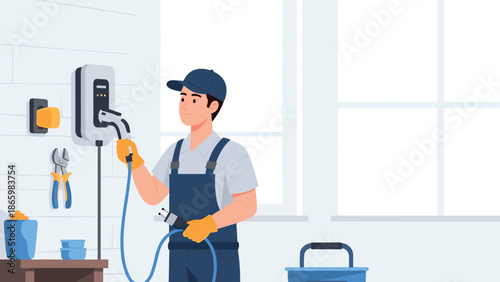 Electrician charging electric vehicle in modern garage setting