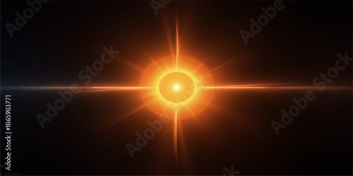Vibrant orange sun with radiant light and lens flare effect against dark background