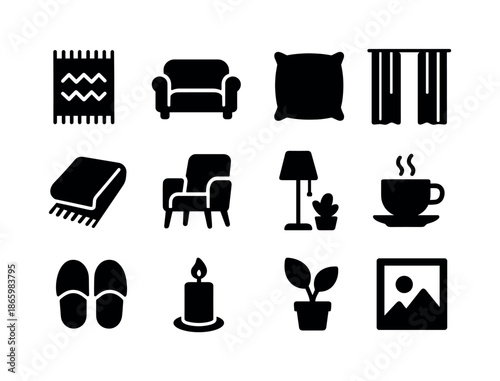 Interior Comfort Icons. Interior comfort. Solid icon set of interior comfort: rug, sofa, cushion, curtain, blanket, chair, lamp, coffee cup, slippers, candle,