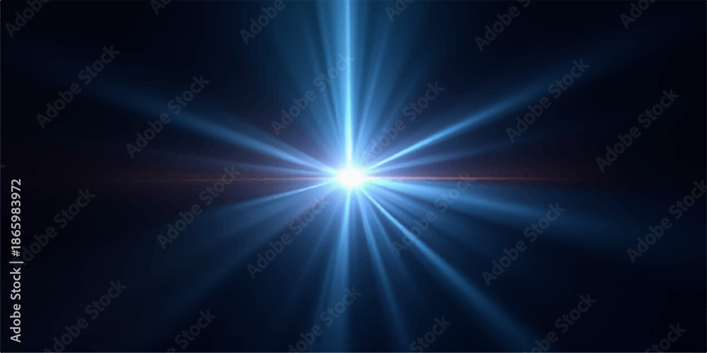 Fototapeta premium Bright blue light beam shining through darkness with radiant streaks