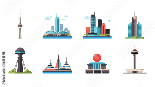 Urban skyline icons featuring cityscape landmarks in flat design style
