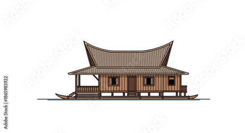 Traditional Wooden Stilt House with Distinctive Curved Roof.