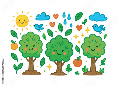 Smiling Trees Illustration. Healthy Trees. Colorful Hand-drawn doodle Children illustration Healthy Trees smiling trees, green leaves, sun, hearts, water