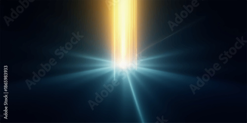 Bright light beam shining through darkness with lens flare effect