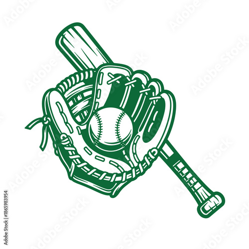 green baseball glove with ball and bat isolated on white background