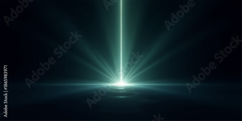 Bright green laser beam shining through darkness with radiant light