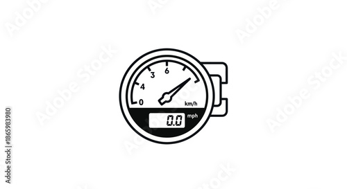 Black and White Speedometer Icon with Needle and Digital Display.