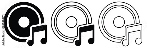 Music icons with headphones and notes in modern design,Music and sound icon set. Containing play and pause button, microphone, speaker, equalizer, recording disk, guitar chord, loudspeaker, notes, 