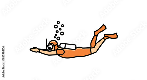Cartoon Scuba Diver with Orange Suit and Bubbles.