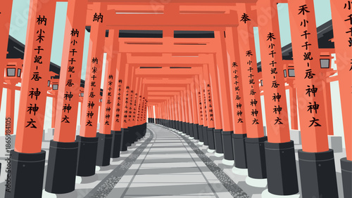 Vibrant pathway through japanese torii gate tunnel with red columns