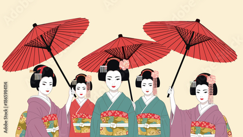 Traditional japanese geisha in kimono holding red umbrellas with pastel background