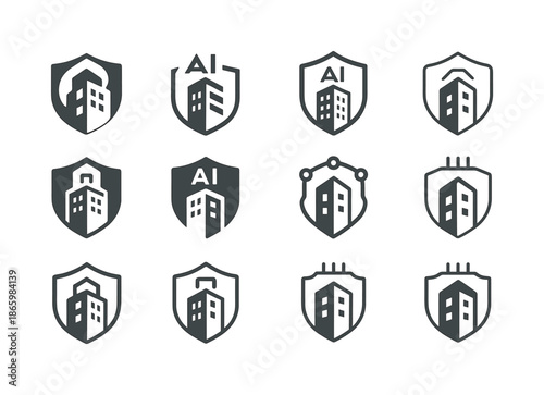AI Construction Logos. autonomous construction manager. Icon set. Set Logo of autonomous construction manager: building under AI shield. harmonious logo