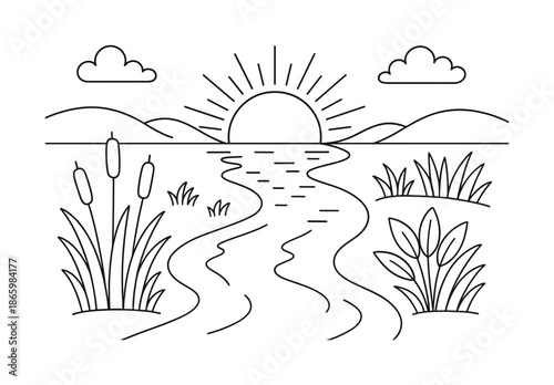 River Sunset Coloring. Sunset near a river children?s coloring book illustration, outlined drawing, sun setting with reflections in the river and plants along