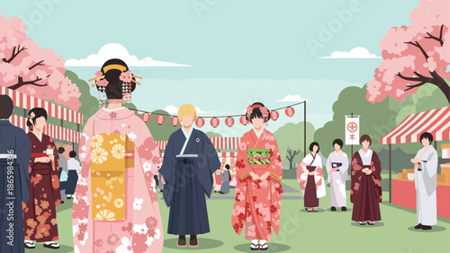 Traditional japanese festival with people in kimonos under cherry blossoms