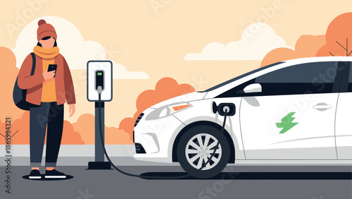 Person charging electric car at station in autumn urban setting