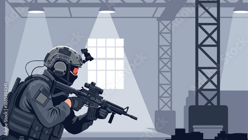 Tactical soldier in a modern warehouse environment with industrial lighting