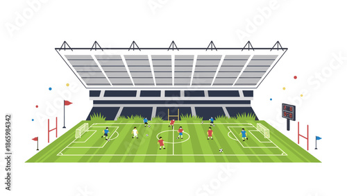 Energetic football or soccer game in progress at a lively stadium, with players in action on the green pitch and colorful spectators.